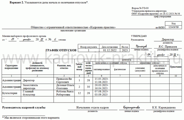 Образцы заполнения при составлении графика отпусков